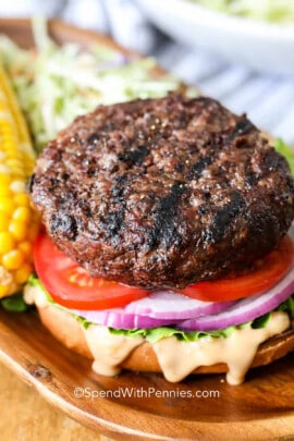Classic Hamburger Recipe on a bun with vegetables