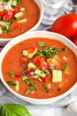 bowls of Easy Fresh Gazpacho with vegetables