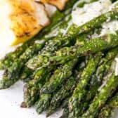 grilled asparagus on a plate with parmesan and lemon