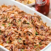 Crockpot Pulled Pork with Dr Pepper in a casserole dish
