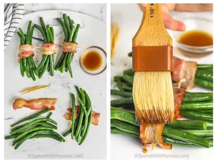 process of adding bacon and sauce to Bacon Wrapped Green Bean Bundles