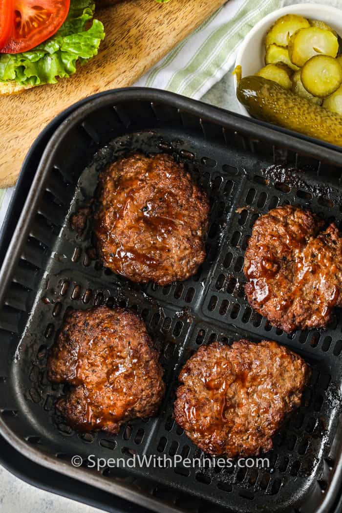 cooked Air Fryer Hamburgers in the air fryer