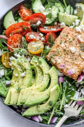 Avocado Salmon Salad with salmon, tomatoes, cucumbers and cheese