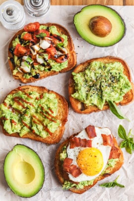 Avocado Toast with different types of toppings on each one