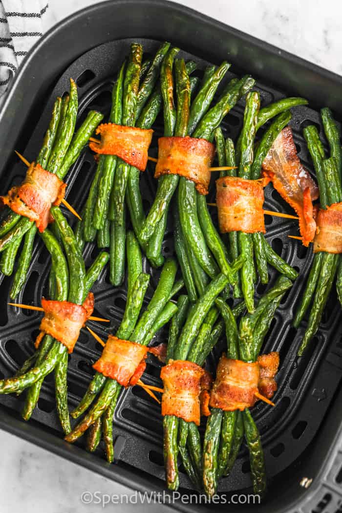 cooked Bacon Wrapped Green Bean Bundles in the air fryer