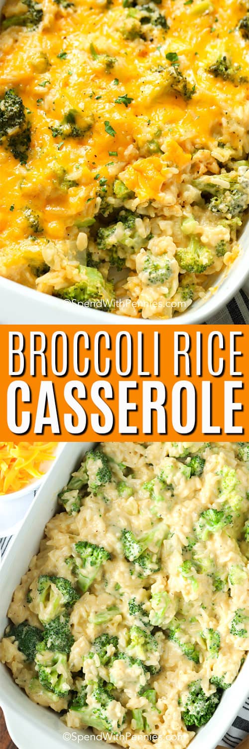 Top image - close up of broccoli rice casserole. Bottom image - broccoli rice casserole before being baked.