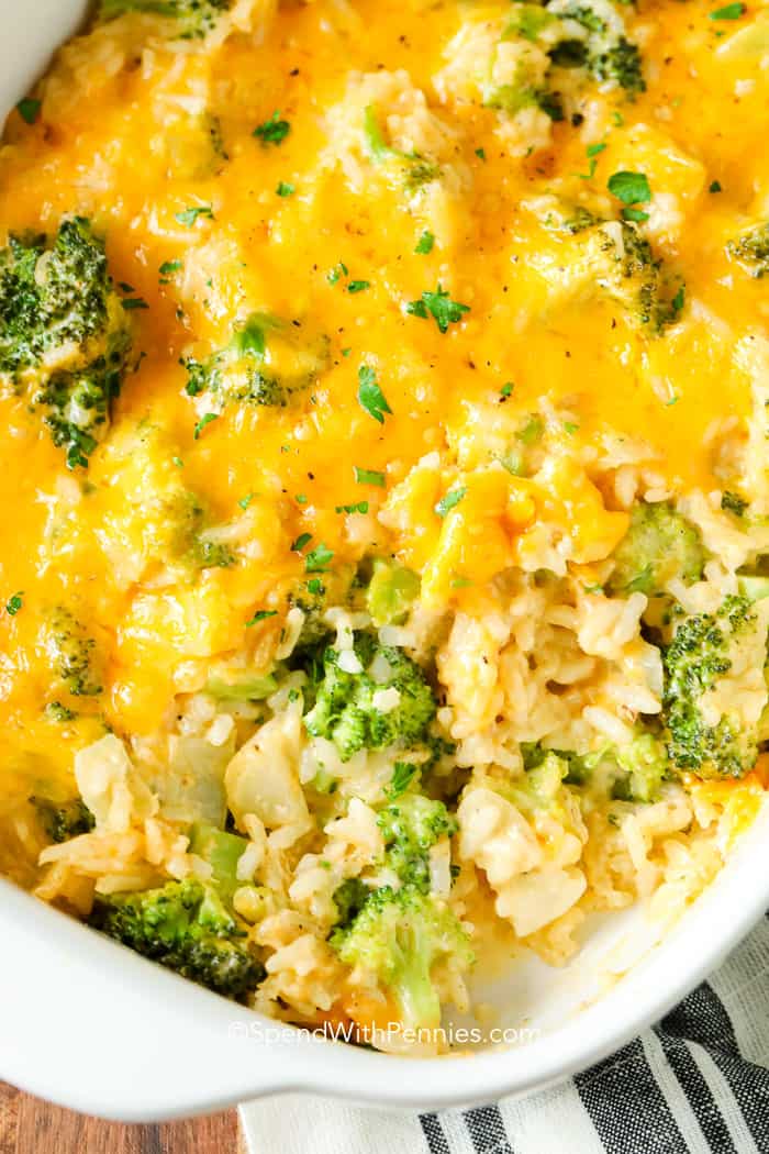 Broccoli Rice Casserole baked with cheese on top