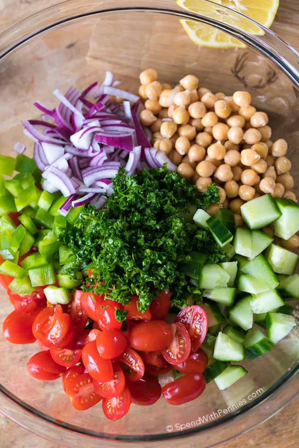 chickpea salad ingredients in a bowl