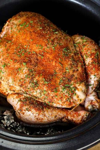 Overhead shot of a whole chicken rubbed with spices in a slow cooker