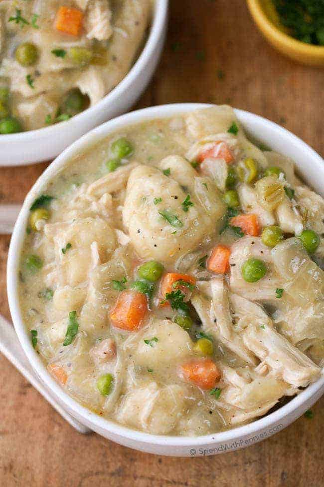 Crock Pot Chicken and Dumplings served in a bowl