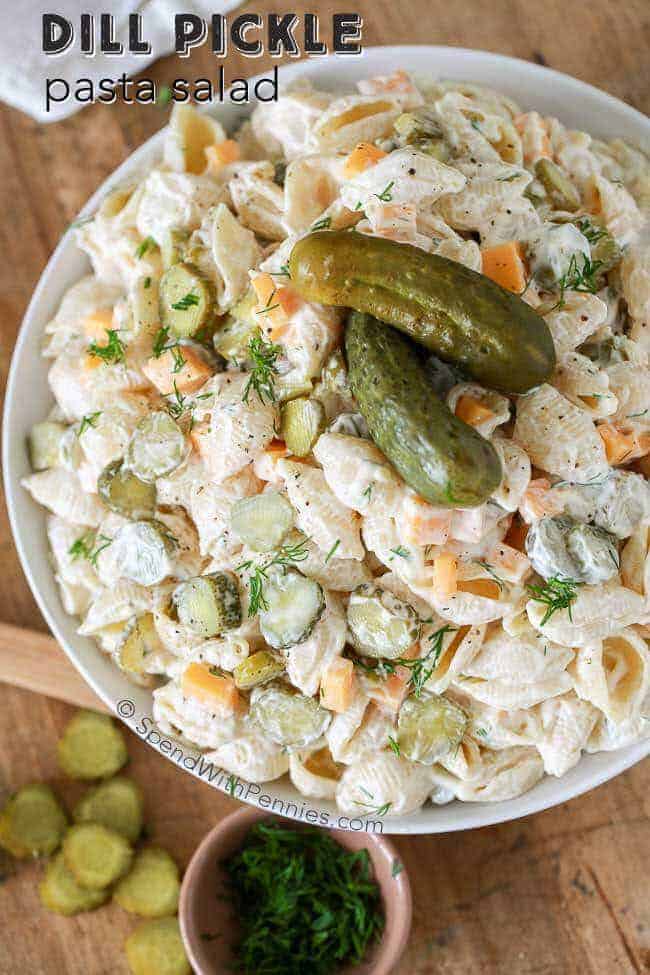 Overhead shot of Dill PIckle Pasta Salad with a title