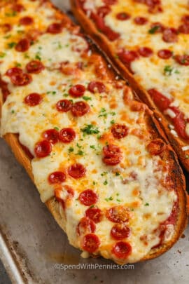 close up of baked French Bread Pizza