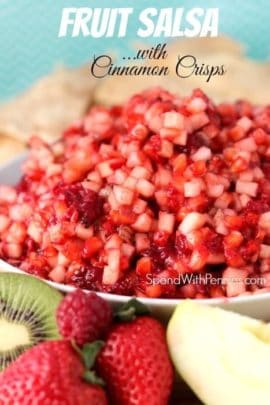 Fresh fruit salsa with homemade cinnamon crisps and fruit ion the side