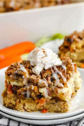 plated Easter Breakfast Bake with casserole dish full in the back