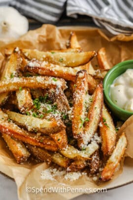 Garlic Parmesan Fries on a plate with dip