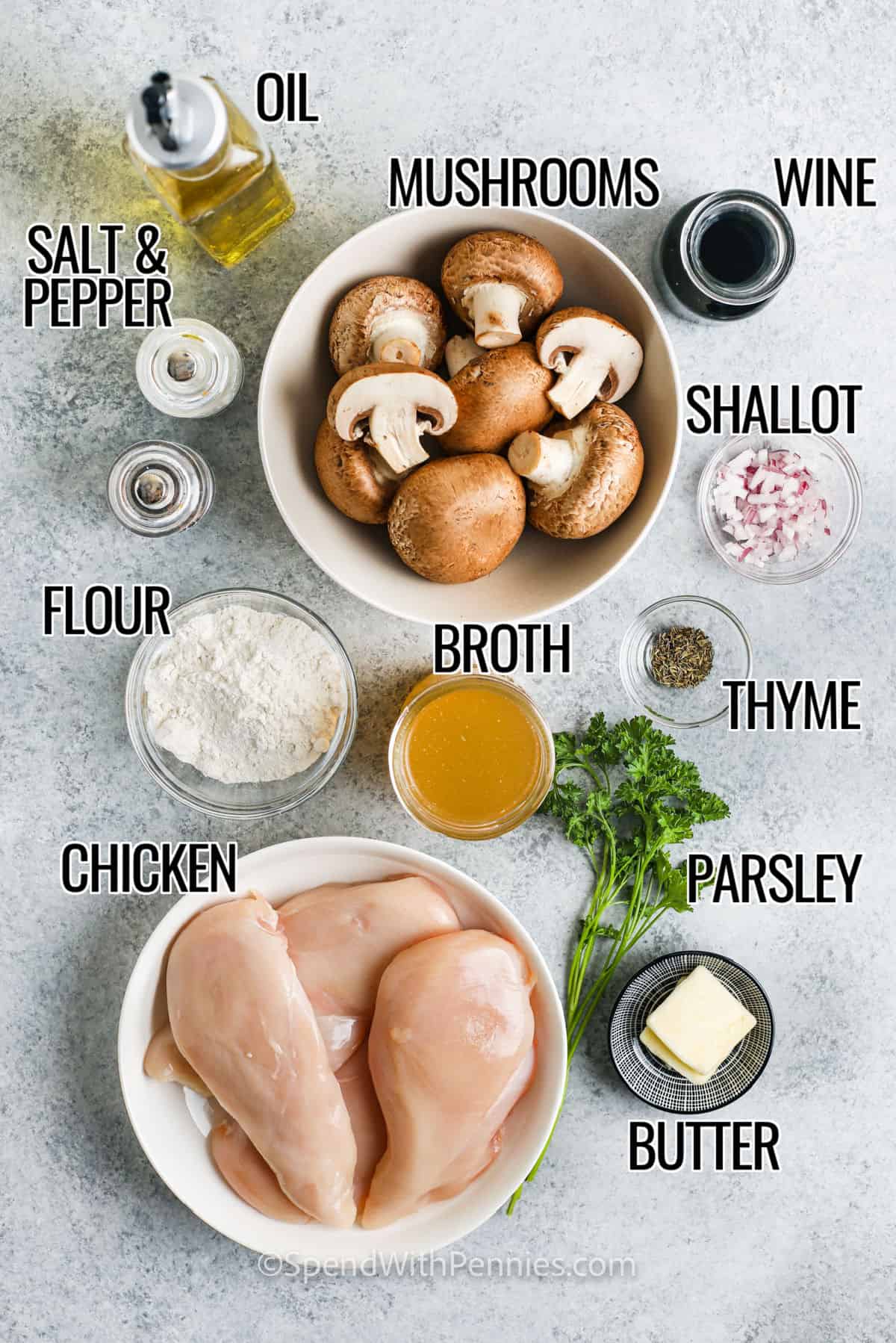 chicken, mushrooms, shallot, flour, oil, wine, butter and seasonings to make Easy Chicken Marsala Recipe with labels