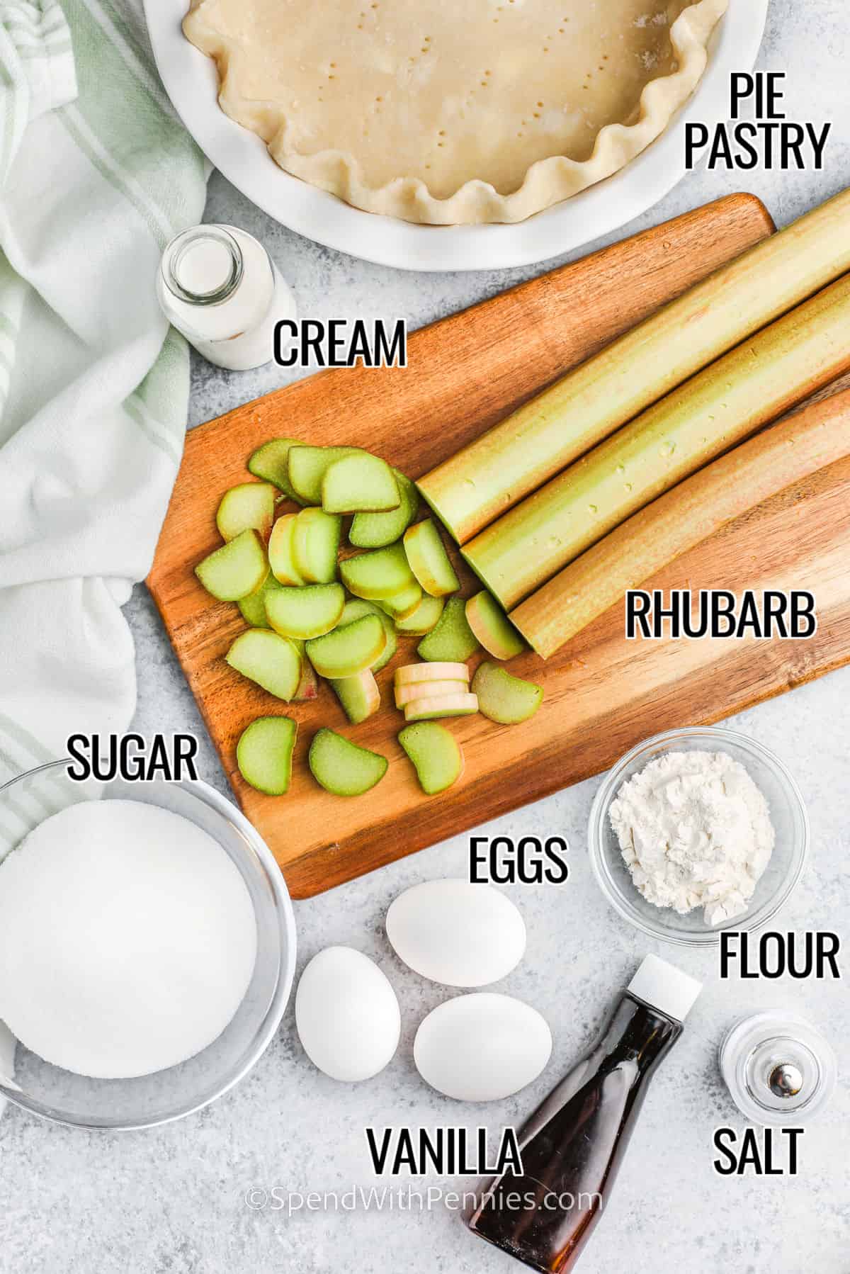 pie pastry , cream , rhubarb , sugar , eggs , flour , vanilla and salt with labels to make Rhubarb Custard Pie