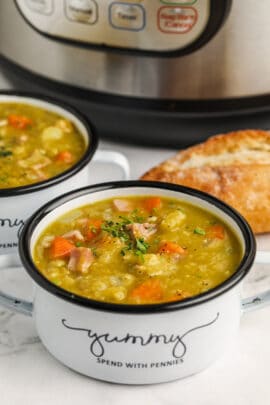 Instant Pot Split Pea Soup in bowls with instant pot in the back