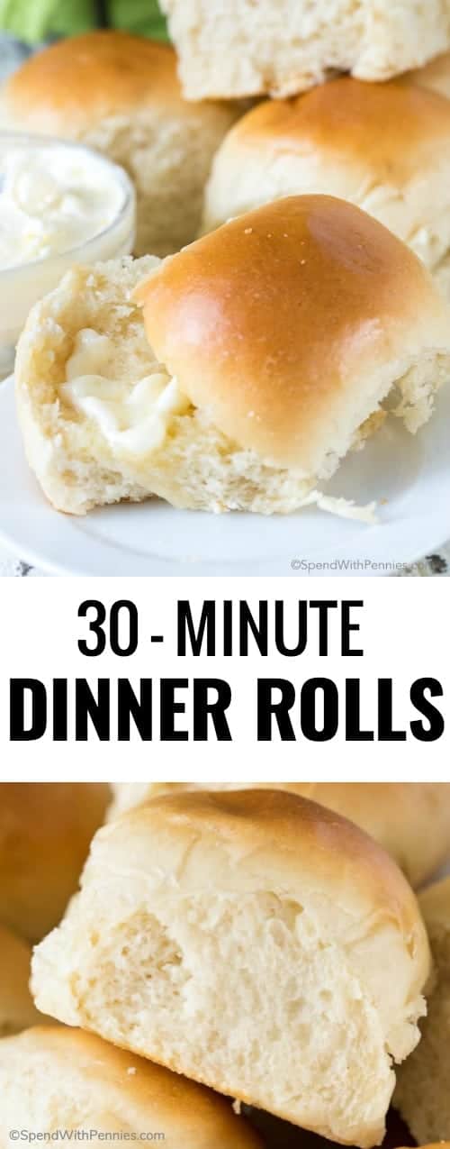 collage of dinner rolls, one cut open with butter and a whole bun