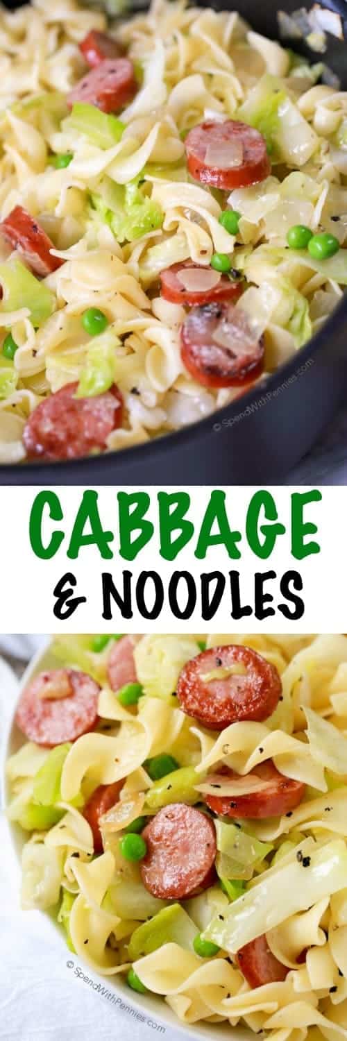 Cabbage and Noodles in a pan and a bowl with a title