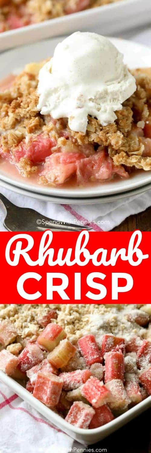 top image - rhubarb crisp topped with ice cream.