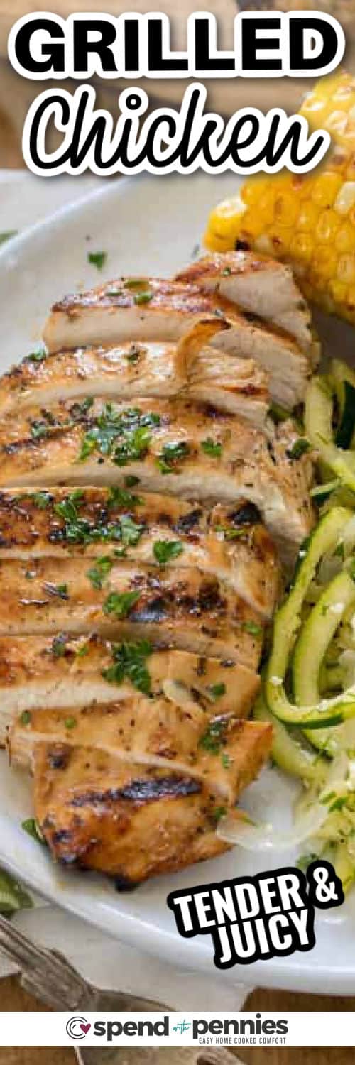 Easy Grilled Chicken Breast cooked on a plate with writing