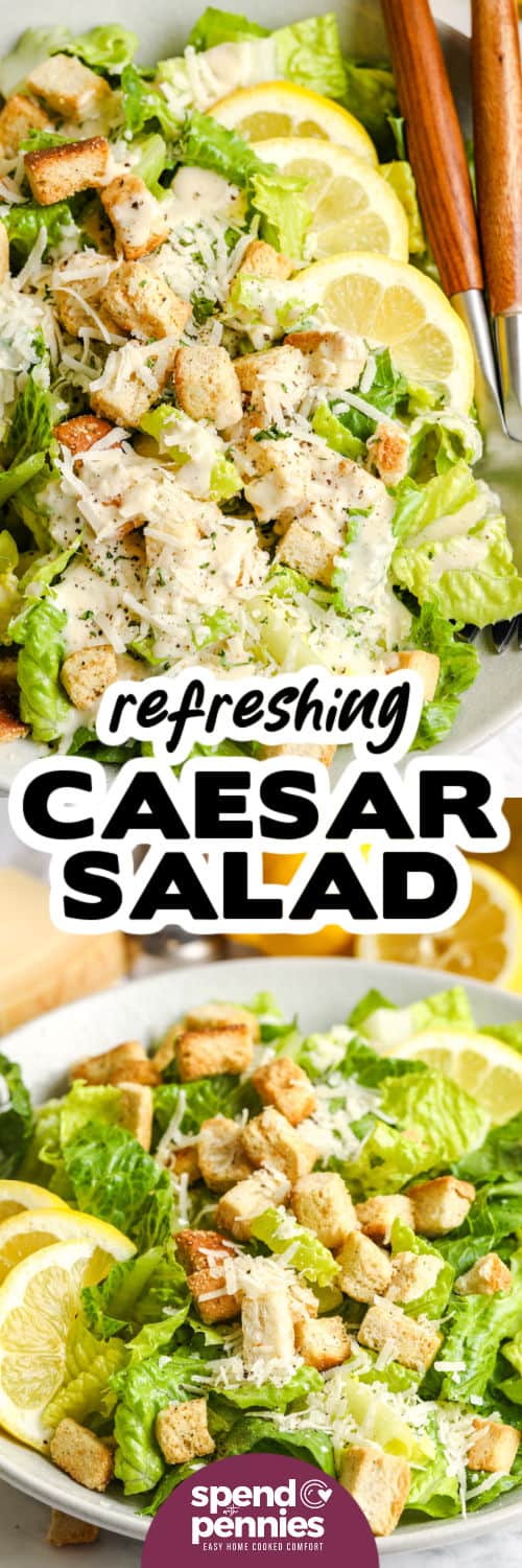 Grilled Chicken Caesar Salad on a plate and close up with writing