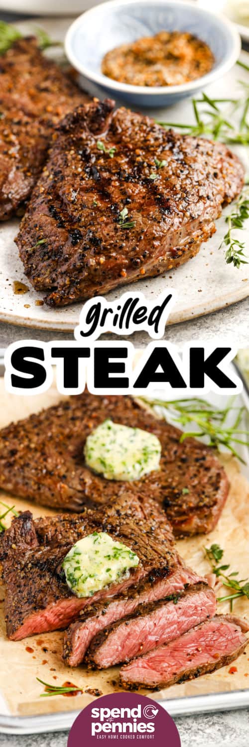 Grilled Sirloin Steak on a plate and sliced with a title