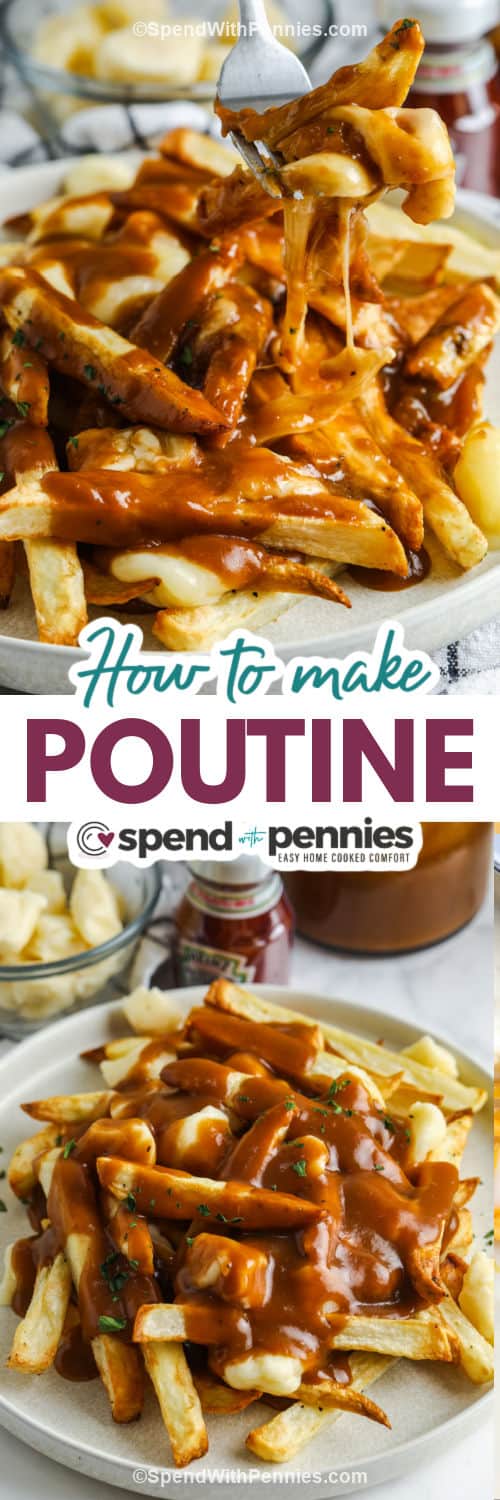 plated Homemade Poutine and fork full with writing