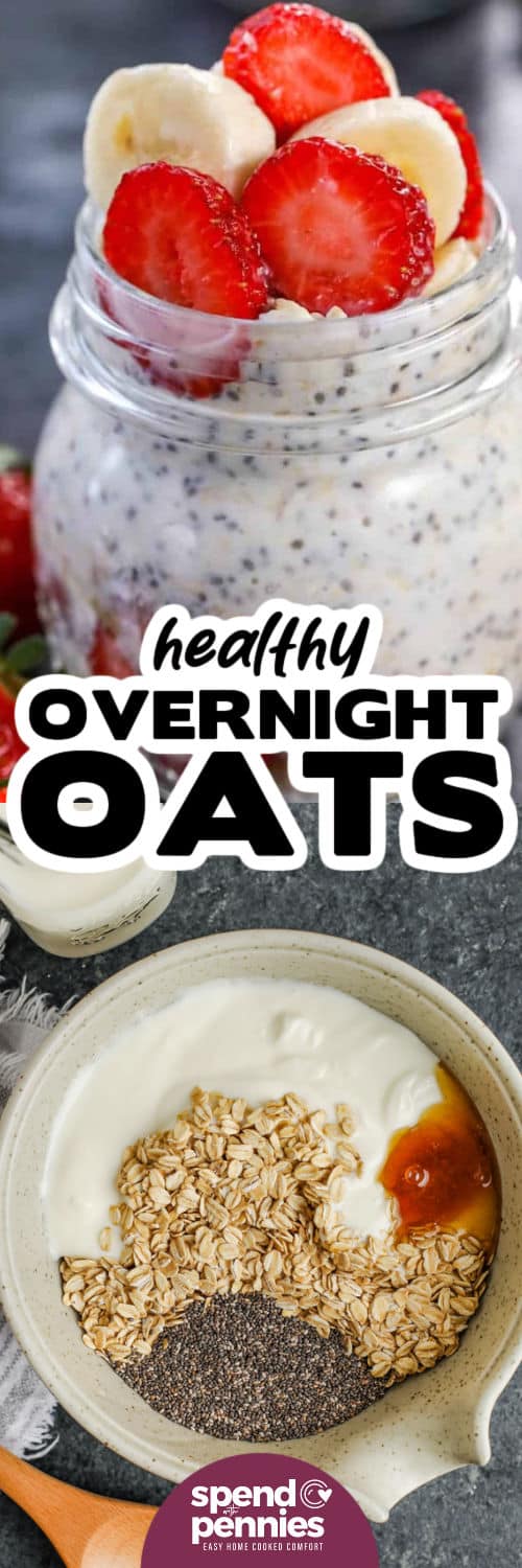 ingredients in a bowl and plated dish to show How to Make Overnight Oats with a title