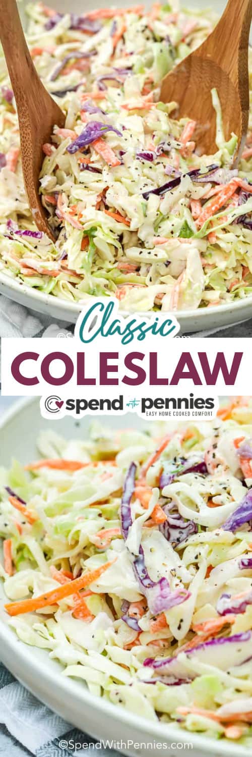 coleslaw in a white bowl with wooden spoons and writing