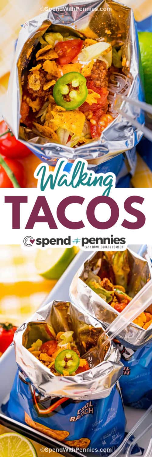 Walking Tacos with a fork and close up photo with a title