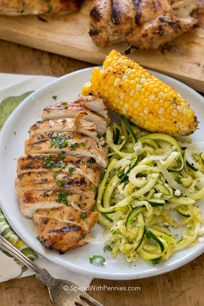 Marinated Grilled Chicken with corn and zucchini noodles