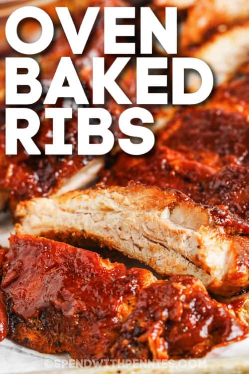 slices of Oven Baked Ribs with a title