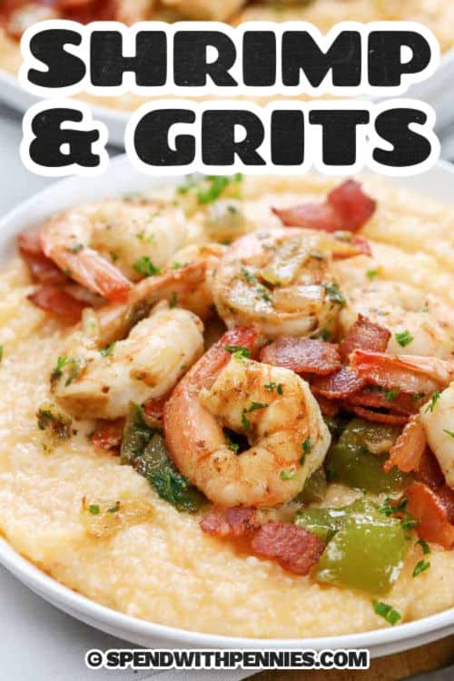 plated Shrimp and Grits with a title