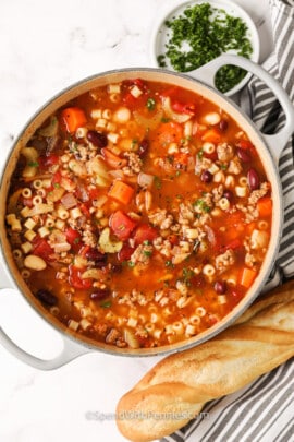 pot of Pasta Fagioli with a loaf of bread