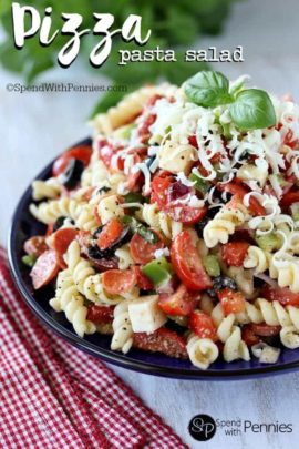 Pizza Pasta Salad garnished with basil in a bowl