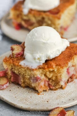 Rhubarb Cake with ice cream and a bite taken out