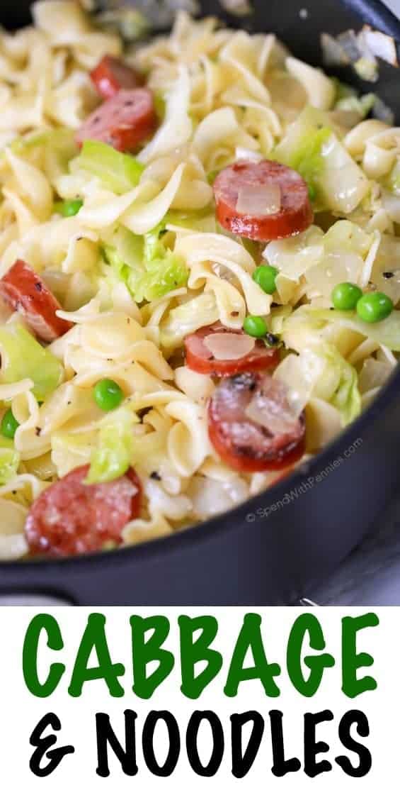 Cabbage and Noodles in a pan with peas