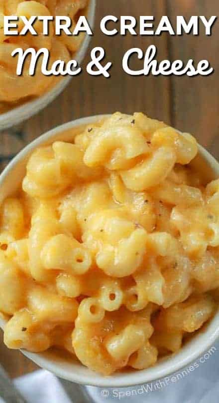 Extra Creamy Mac & Cheese with writing