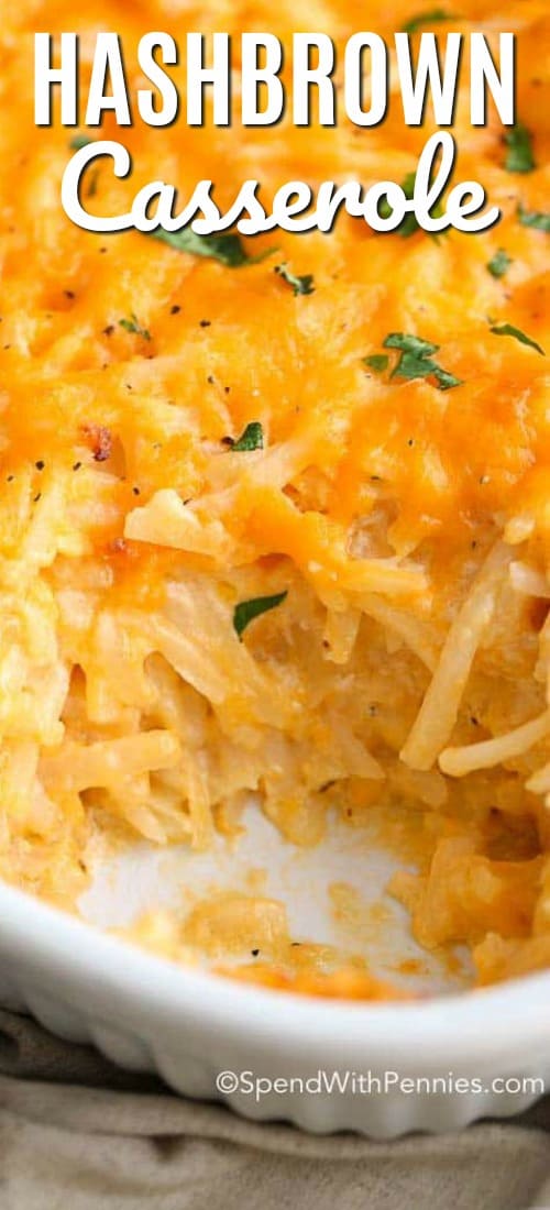 close up of hashbrown casserole with a scoop missing.