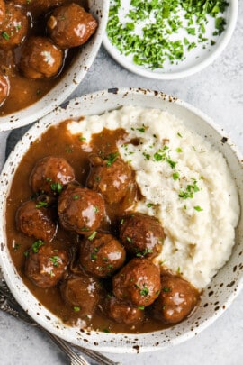 top view of plated Slow Cooker Meatballs and Gravy