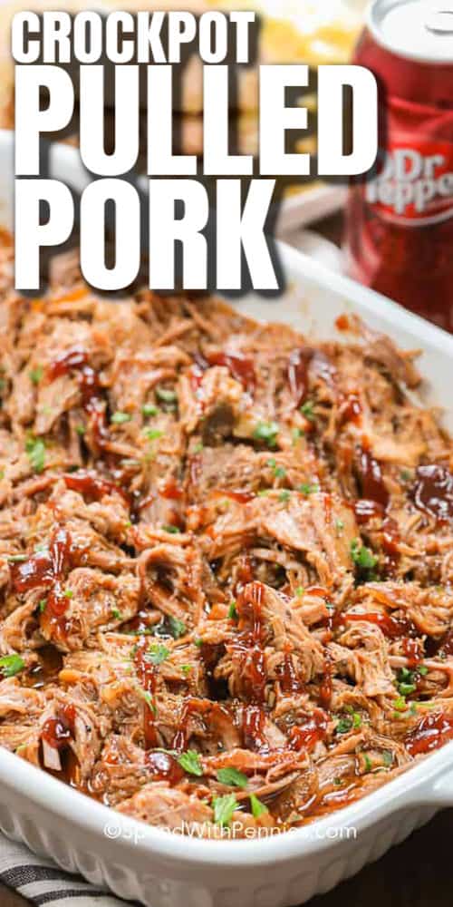 cooked Dr Pepper Crockpot Pulled Pork with a title