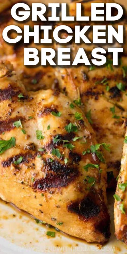 close up of Easy Grilled Chicken Breast on a plate with a title