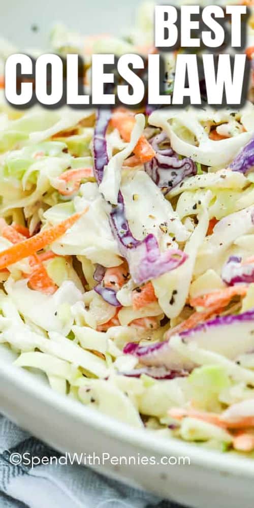homemade coleslaw in a white serving bow with a title