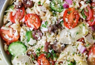 Mediterranean Orzo Salad with cucumbers and artichokes and tomatoes