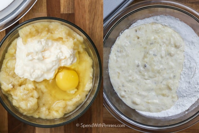 Mashed banana, mayonnaise and egg in a bowl and a second photo of the mixture added to a flour mixture