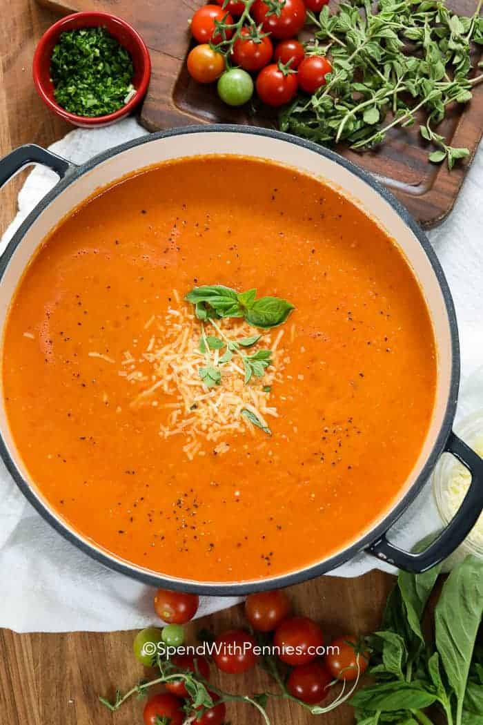 Overhead picture of tomato soup in pot