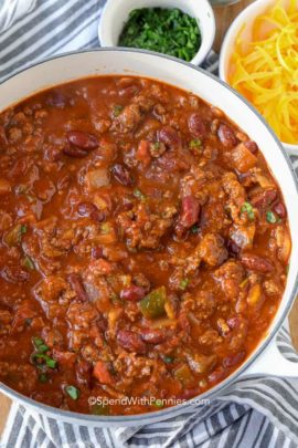 The Best Chili Recipe with side of cheese & chopped onion