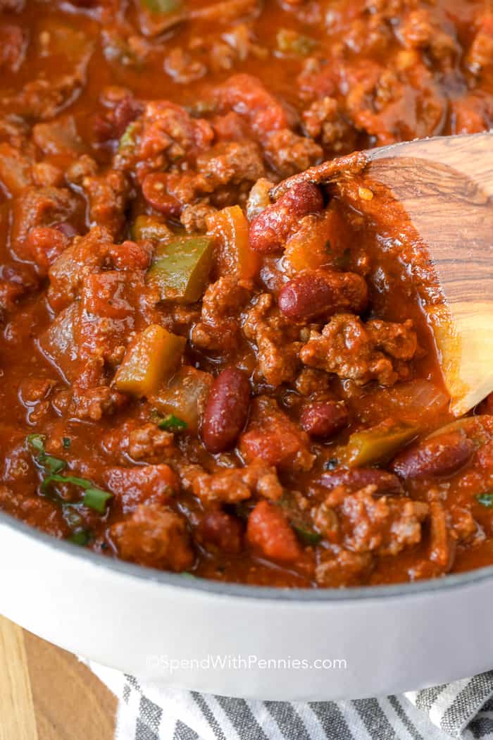 The Best Chili Recipe with wooden spoon